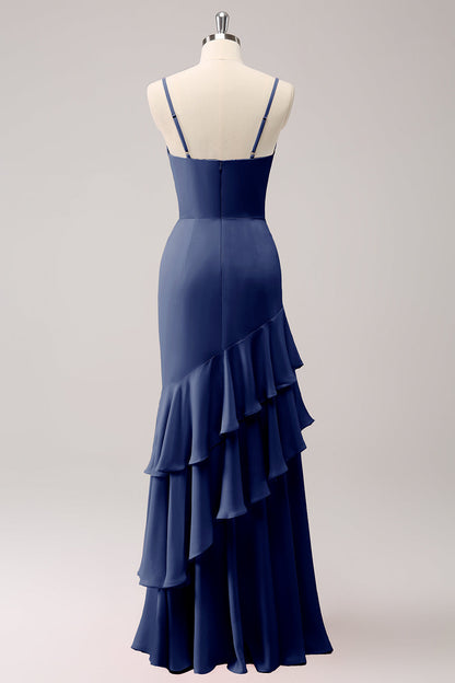 Dusty Blue Spaghetti Straps Mermaid Bridesmaid Dress with Ruffles