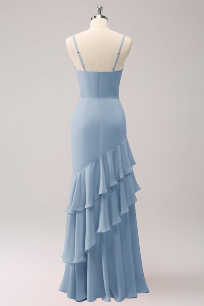Dusty Blue Spaghetti Straps Mermaid Bridesmaid Dress with Ruffles