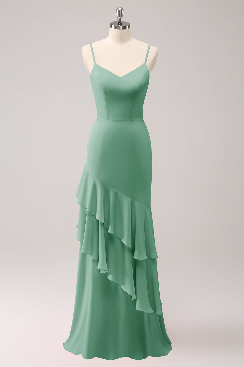 Dusty Blue Spaghetti Straps Mermaid Bridesmaid Dress with Ruffles