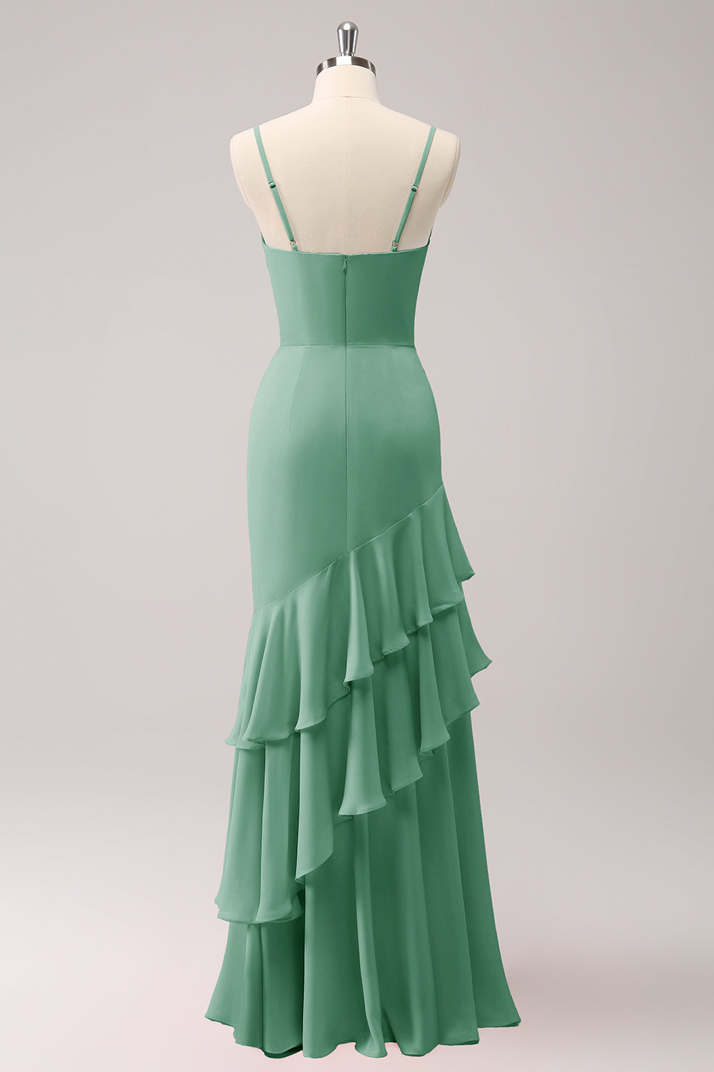 Dusty Blue Spaghetti Straps Mermaid Bridesmaid Dress with Ruffles