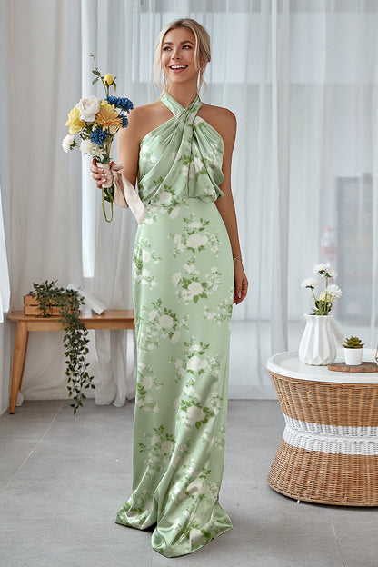 Blue White Flower Sheath Halter Long Bridesmaid Dress