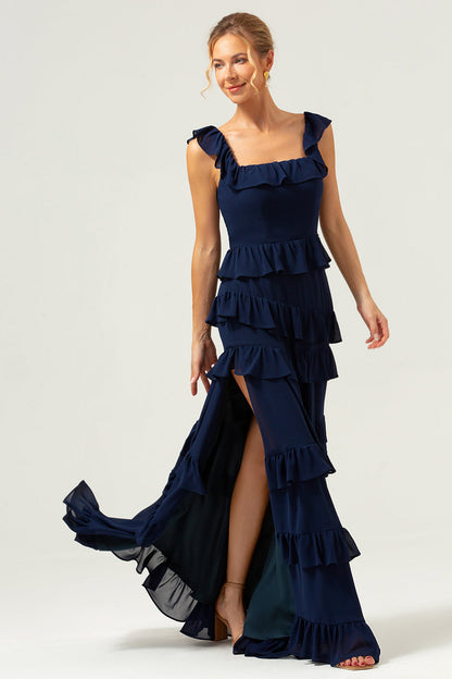 Dark Navy A-Line Ruffleed Chiffon Long Bridesmaid Dress with Slit