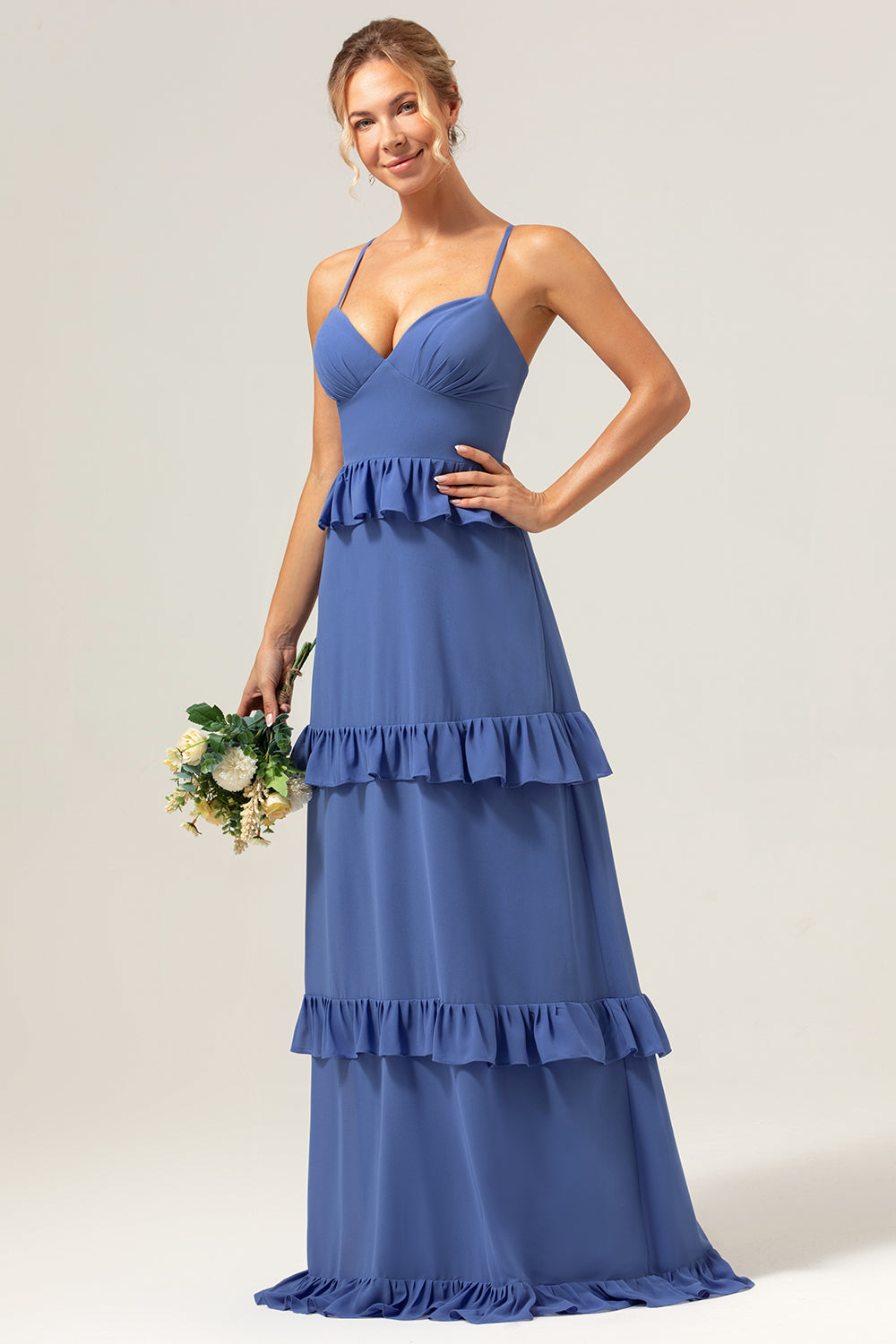Spaghetti Straps Dark Blue Ruffled Long Bridesmaid Dress with Slit
