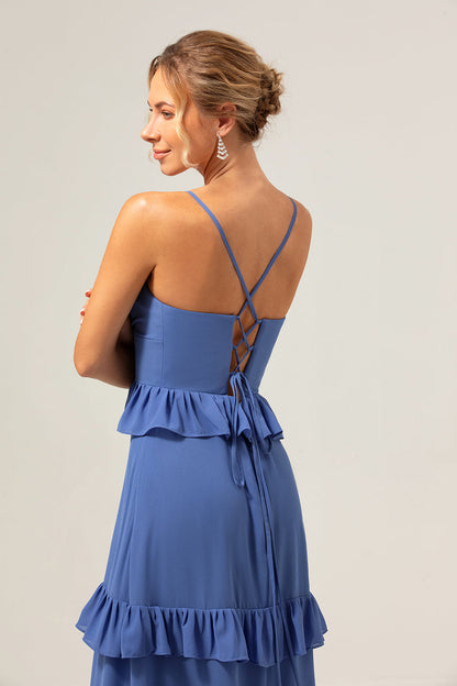 Spaghetti Straps Dark Blue Ruffled Long Bridesmaid Dress with Slit