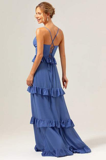 Spaghetti Straps Dark Blue Ruffled Long Bridesmaid Dress with Slit