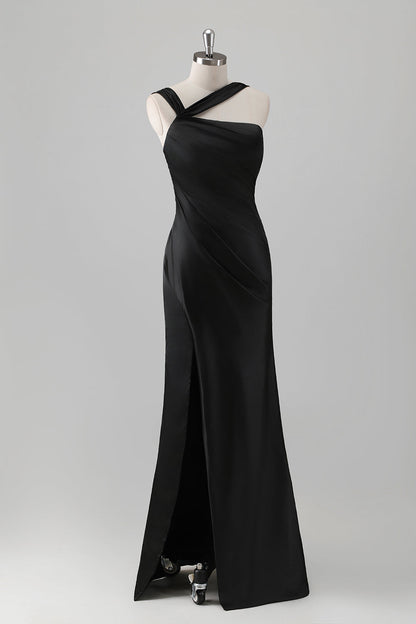 Sky Blue Sheath One Shoulder Long Brideamaid Dress with Slit