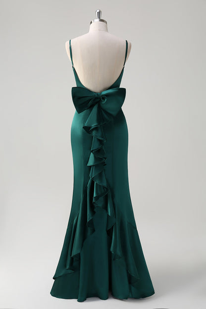 Black Mermaid Spaghetti Straps Ruffed Bow Back Satin Long Bridesmaid Dress