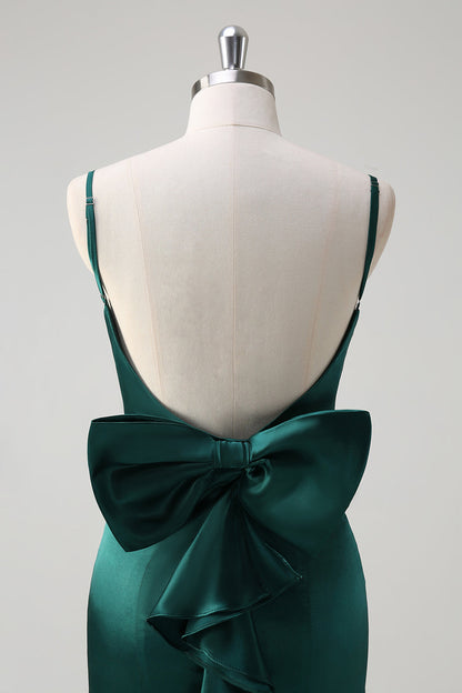 Black Mermaid Spaghetti Straps Ruffed Bow Back Satin Long Bridesmaid Dress