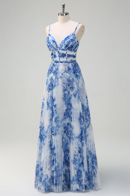White Blue Flower Pleated Spaghetti Straps Long Bridesmaid Dress