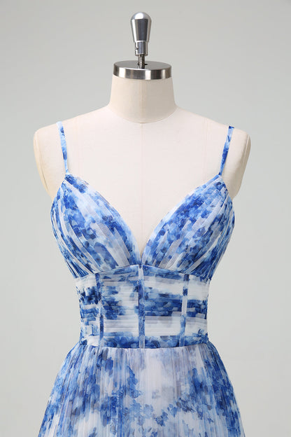 White Blue Flower Pleated Spaghetti Straps Long Bridesmaid Dress