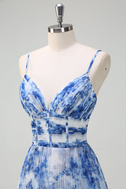 White Blue Flower Pleated Spaghetti Straps Long Bridesmaid Dress