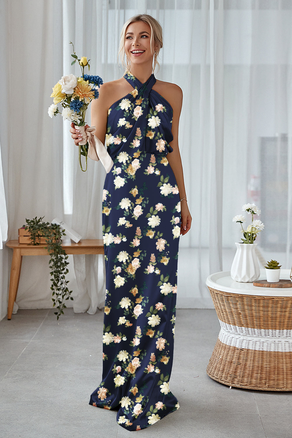 Blue White Flower Sheath Halter Long Bridesmaid Dress