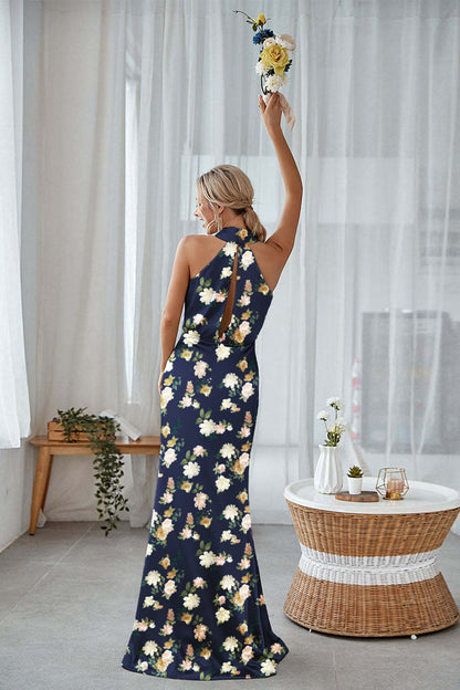 Blue White Flower Sheath Halter Long Bridesmaid Dress