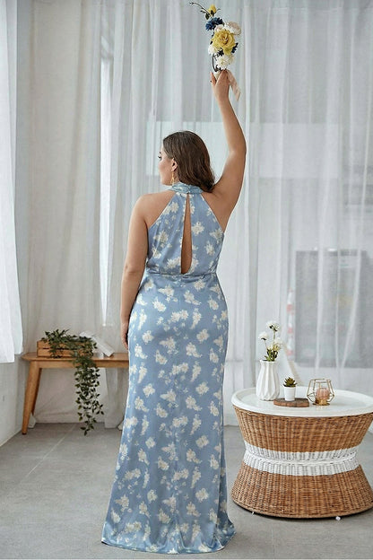 Floral Sage White Sheath Plus Size Halter Long Bridesmaid Dress