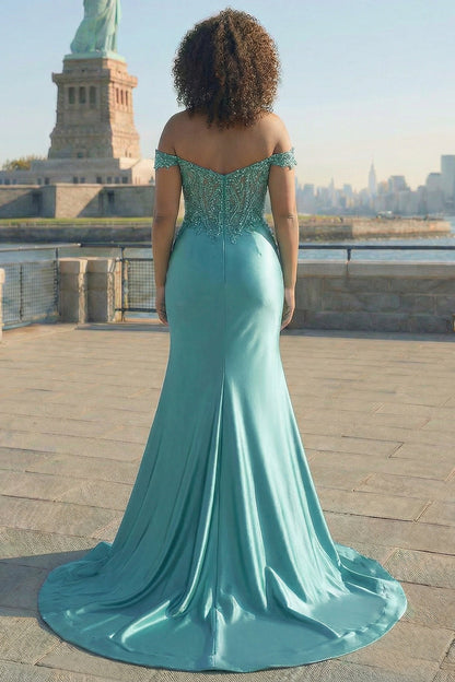 Plus Size Sparkly Grey Green Off The Shoulder Mermaid Long Prom Dress with Slit