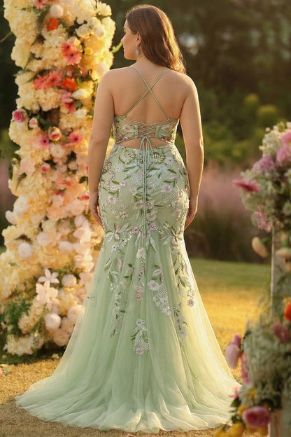 Green Plus Size Floral Mermaid Appliqued Long Corset Prom Dress with Slit
