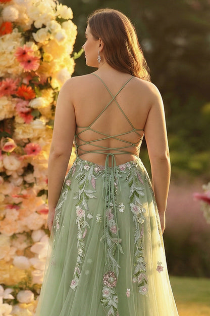 Plus Size Sparkly Green Sequins Embroidered Long Corset Prom Dress With Slit