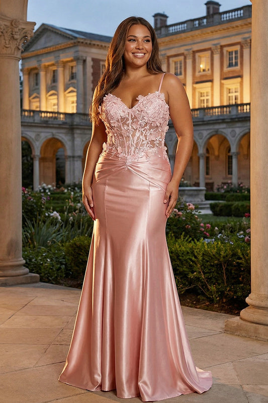 Plus Size Pink Floral Mermaid Satin Spaghetti Straps Beaded Long Prom Dress