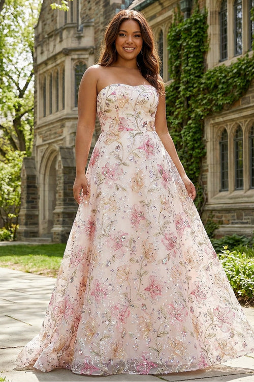 Sparkly Floral Pink Plus Size A Line Strapless Long Prom Dress