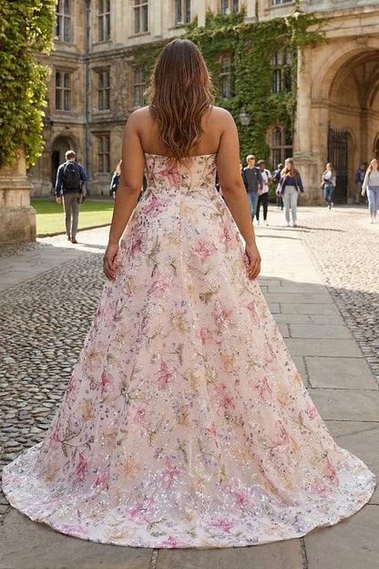 Sparkly Floral Pink Plus Size A Line Strapless Long Prom Dress