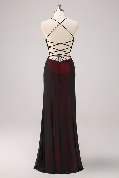 Sparkly Black Red Mermaid Spaghetti Straps Long Bridesmaid Dress with Beading