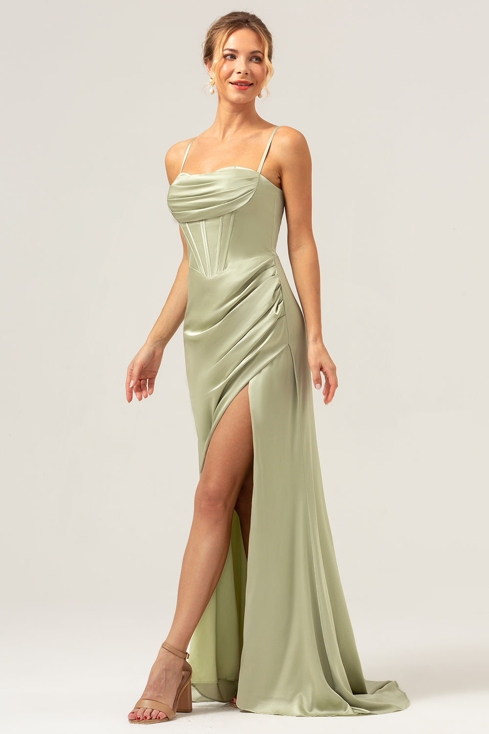 Sage Corset Long Bridesmaid Dress with Slit