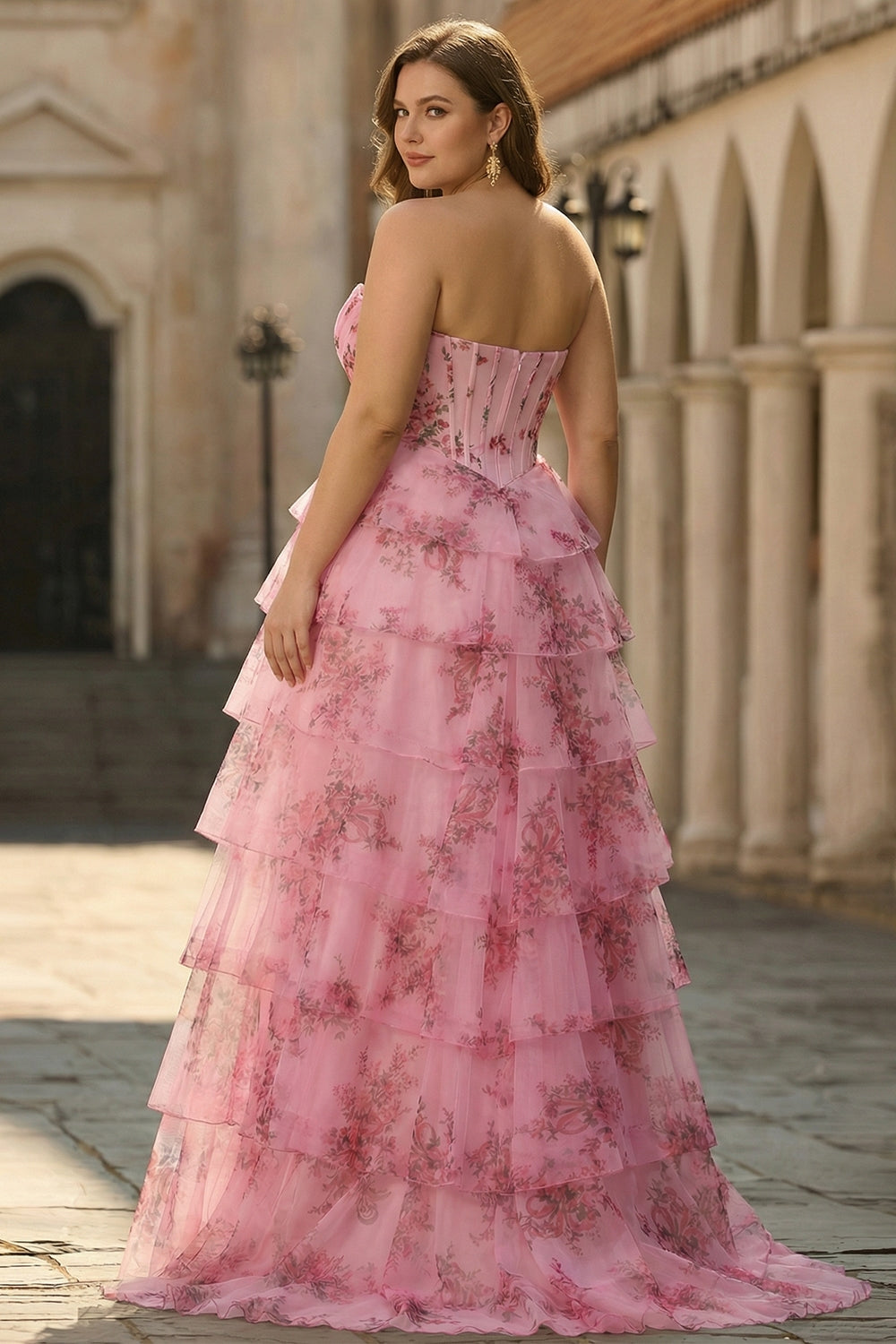 Floral Blush Plus Size A Line Sweetheart Tiered Long Corset Prom Dress with Slit