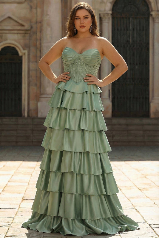 Sparkly Green A Line Plus Size Tiered Long Corset Prom Dress with Ruffles