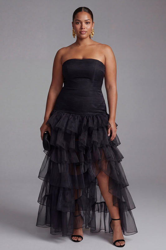 Plus Size A Line Black Strapless Tiered Formal Dress with Slit