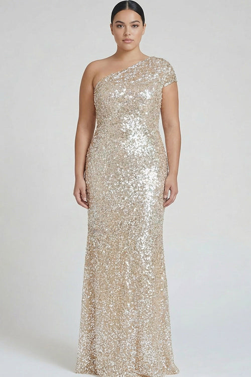 Plus Size Sparkly Champagne One Shoulder Mermaid Long Formal Dress with Sequins