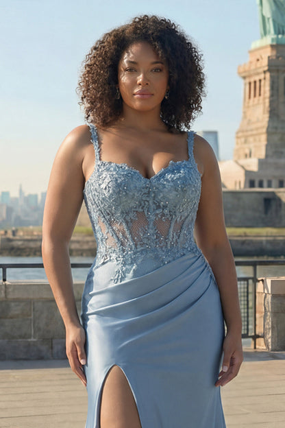 Plus Size Sparkly Grey Blue Satin Mermaid Long Corset Prom Dress with Slit