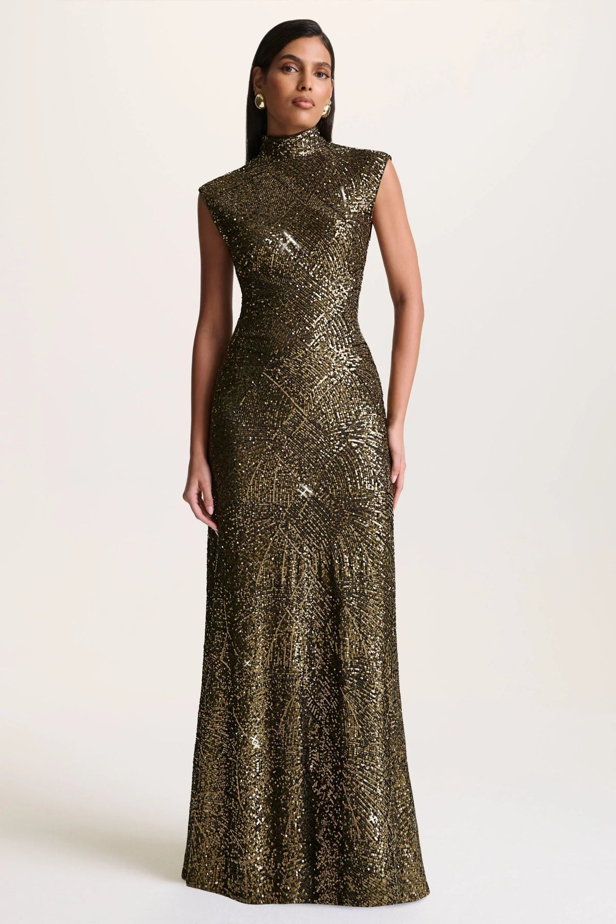 Cecy | Khaki Sequin High-Neck Maxi Dress With Cap Sleeves