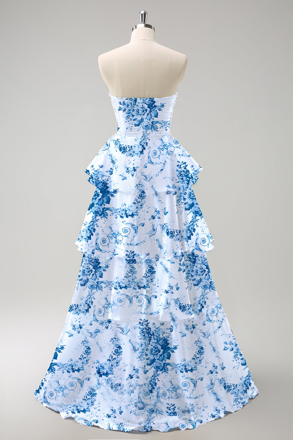 White Blue Flower Printed Strapless Long Bridesmaid Dress with Ruffles