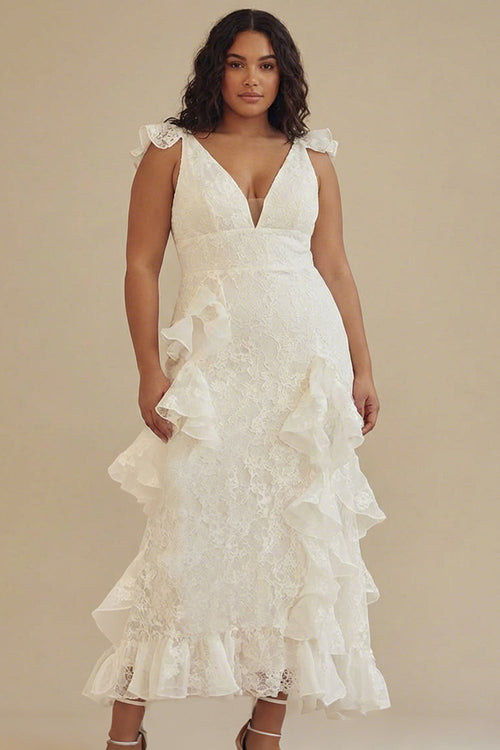 White Plus Size V-Neck Lace A-Line Long Little White Dress with Ruffles