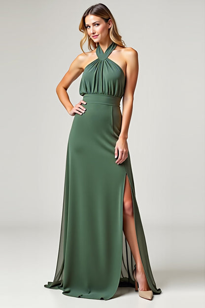 Chiffon Eucalyptus Crossed Straps Long Bridesmaid Dress