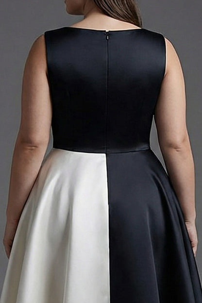 Plus Size Black and White Sleeveless A Line Satin Long Black Tie Dress