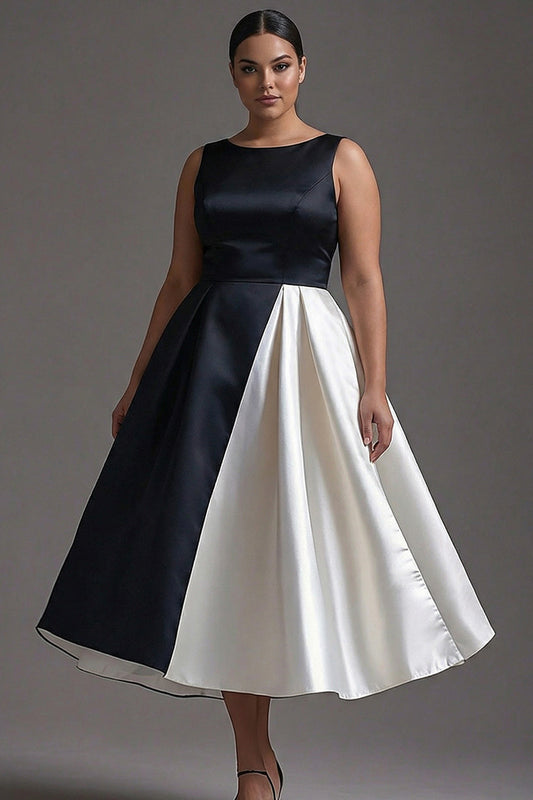 Plus Size Black and White Sleeveless A Line Satin Long Black Tie Dress