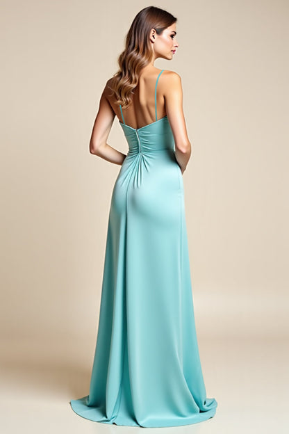 Spaghetti Straps Light Blue V-Neck Long Bridesmaid Dress