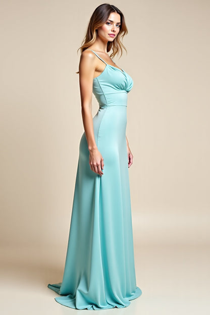 Spaghetti Straps Light Blue V-Neck Long Bridesmaid Dress