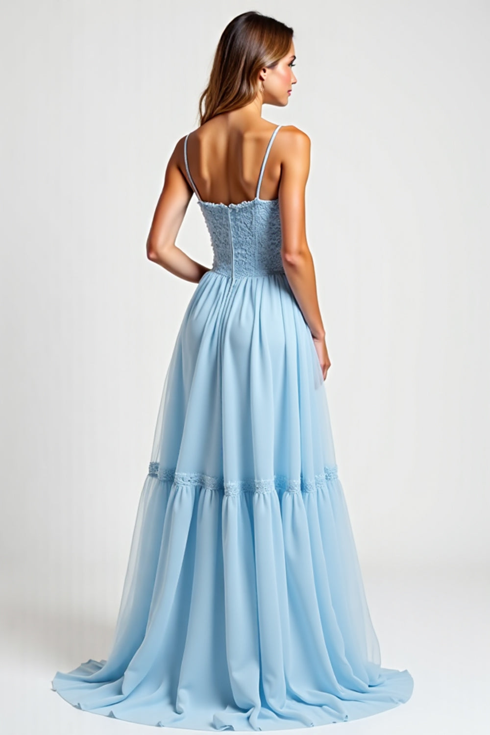 Sky Blue Square Neck Chiffon Long Bridesmaid Dress