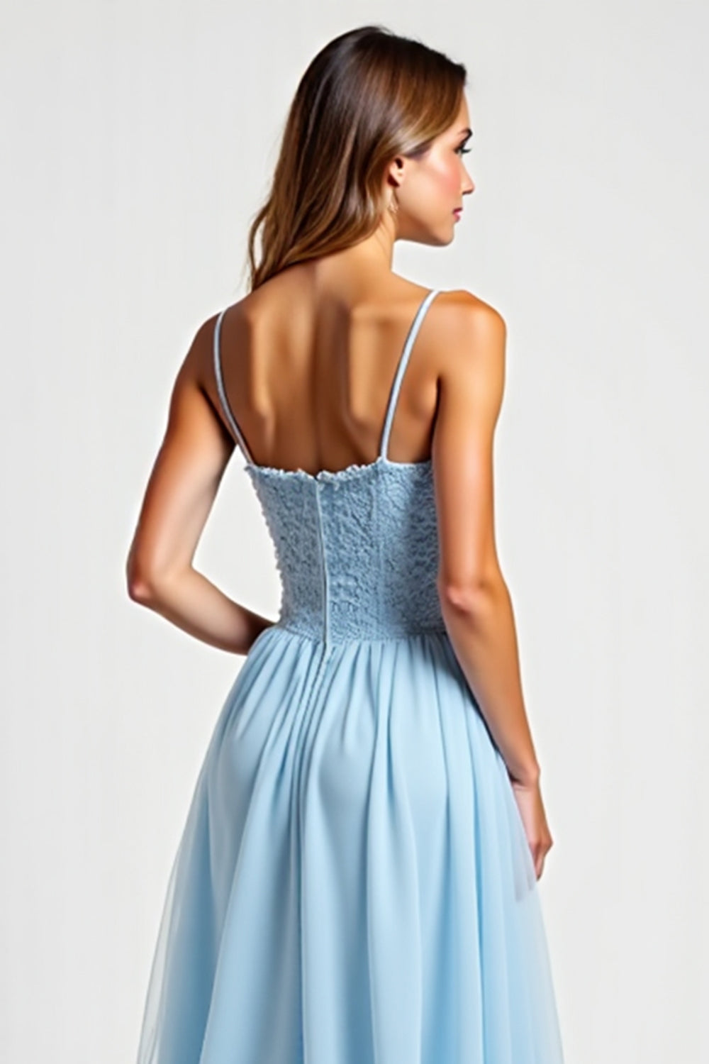 Sky Blue Square Neck Chiffon Long Bridesmaid Dress