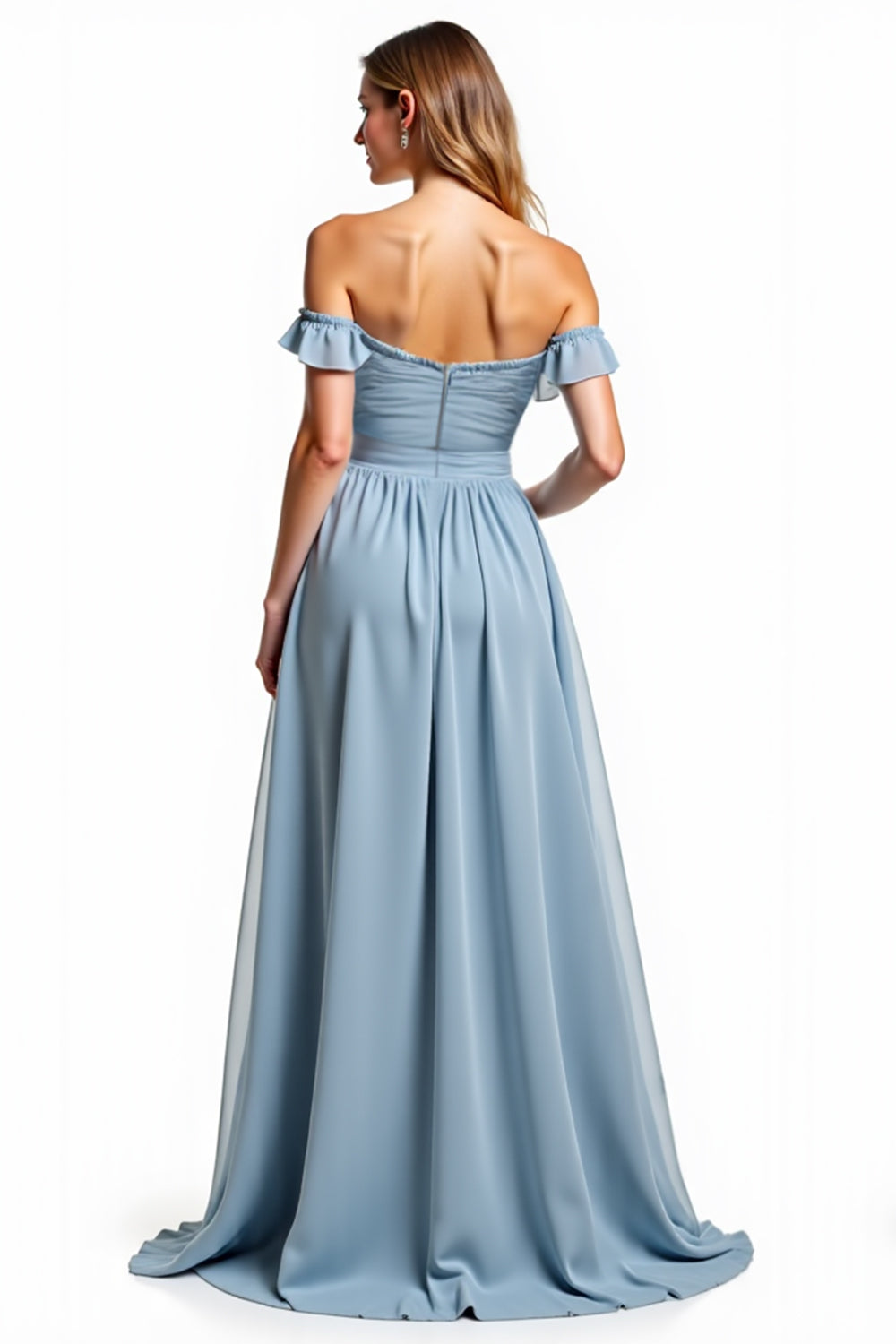 Dusty Blue Chiffon Long Off the Shoulder Bridesmaid Dress