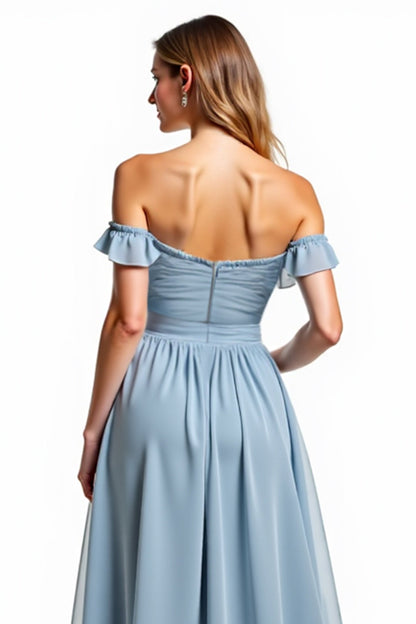 Dusty Blue Chiffon Long Off the Shoulder Bridesmaid Dress