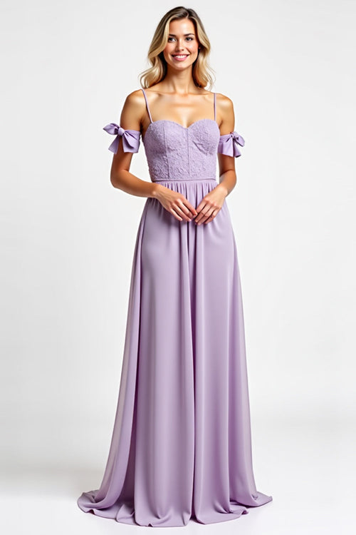 Purple Chiffon Long Spaghetti Straps Bridesmaid Dress