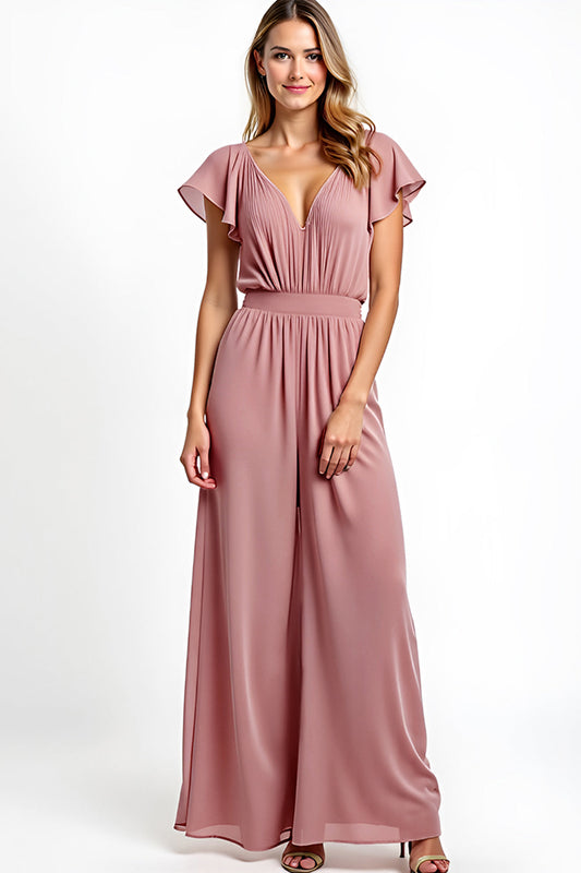 Dusty Rose Backless Long Cap Sleeves Bridesmaid Jumpsuit