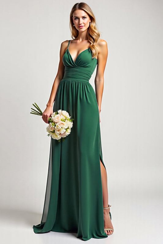 Dark Green V-Neck Chiffon Long Bridesmaid Dress with Slit