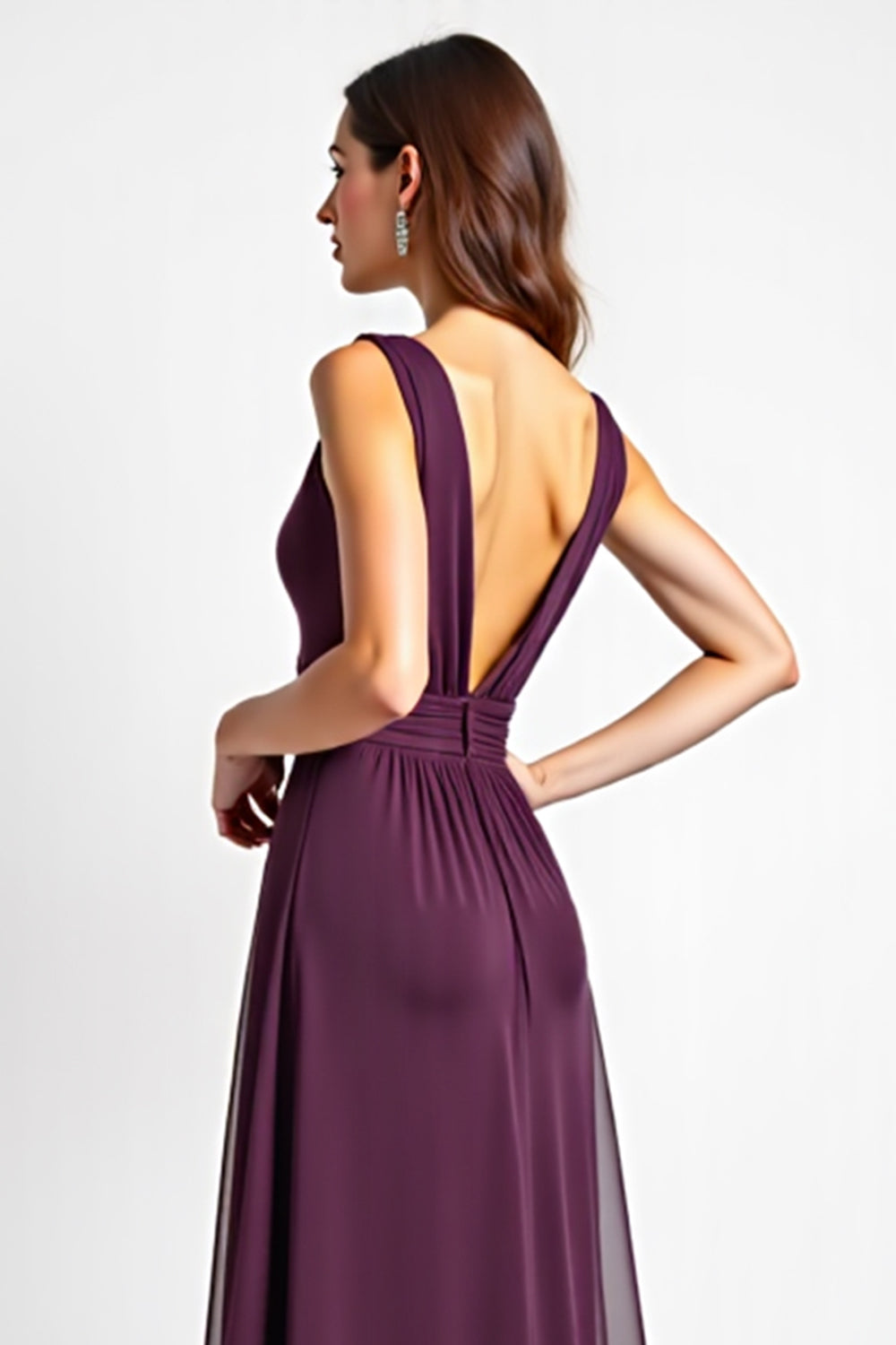 Purple Deep V-Neck Chiffon Long Bridesmaid Dress with Slit
