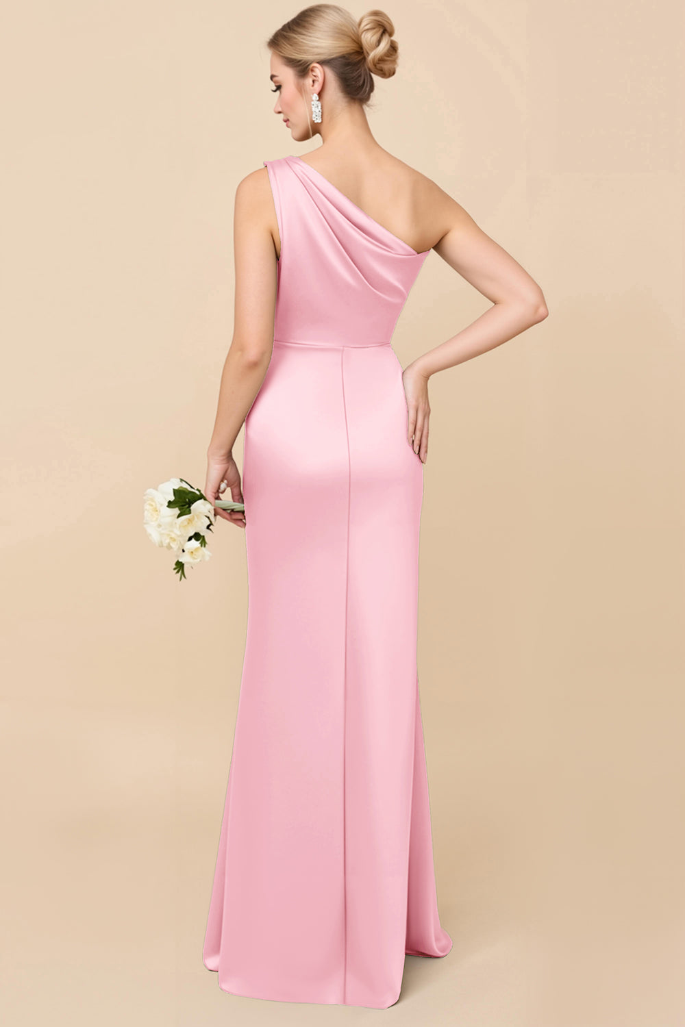 Sheath Satin Eucalyptus Ruched One Shoulder Long Bridesmaid Dress