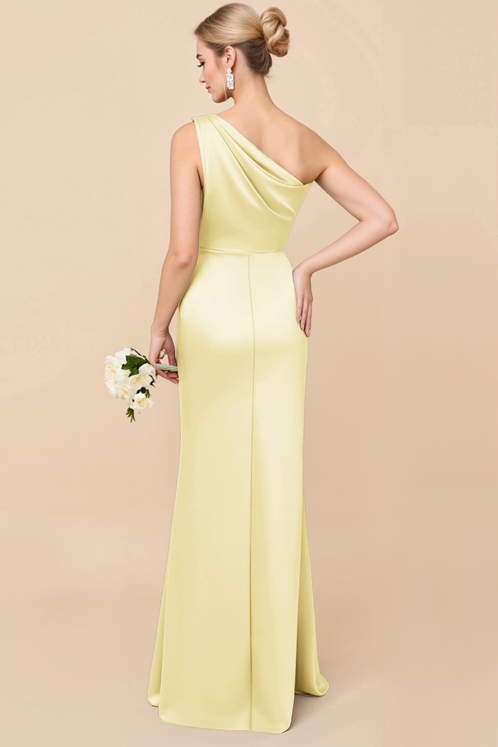 Sheath Satin Eucalyptus Ruched One Shoulder Long Bridesmaid Dress