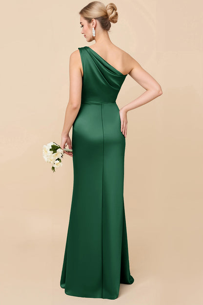Sheath Satin Eucalyptus Ruched One Shoulder Long Bridesmaid Dress